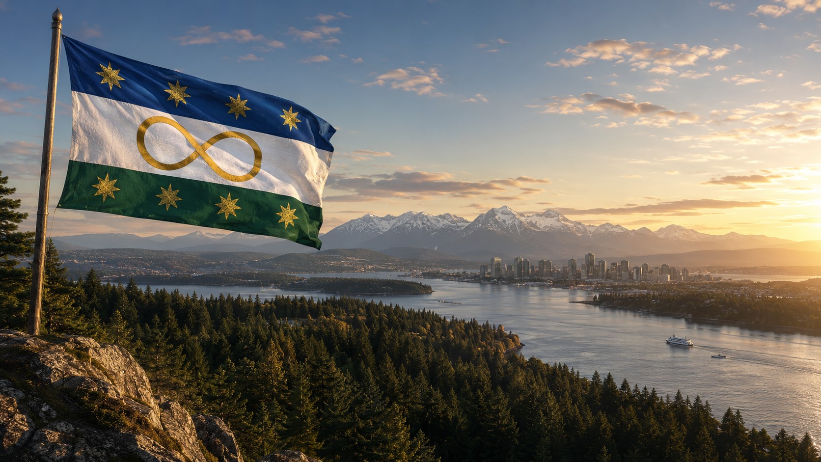 Cascadian flag over mountains, forest, water, and city