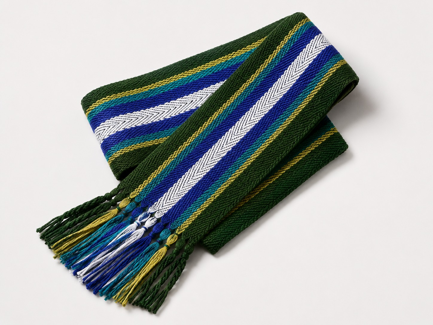 Cascadian sash in blue, green, white, and gold